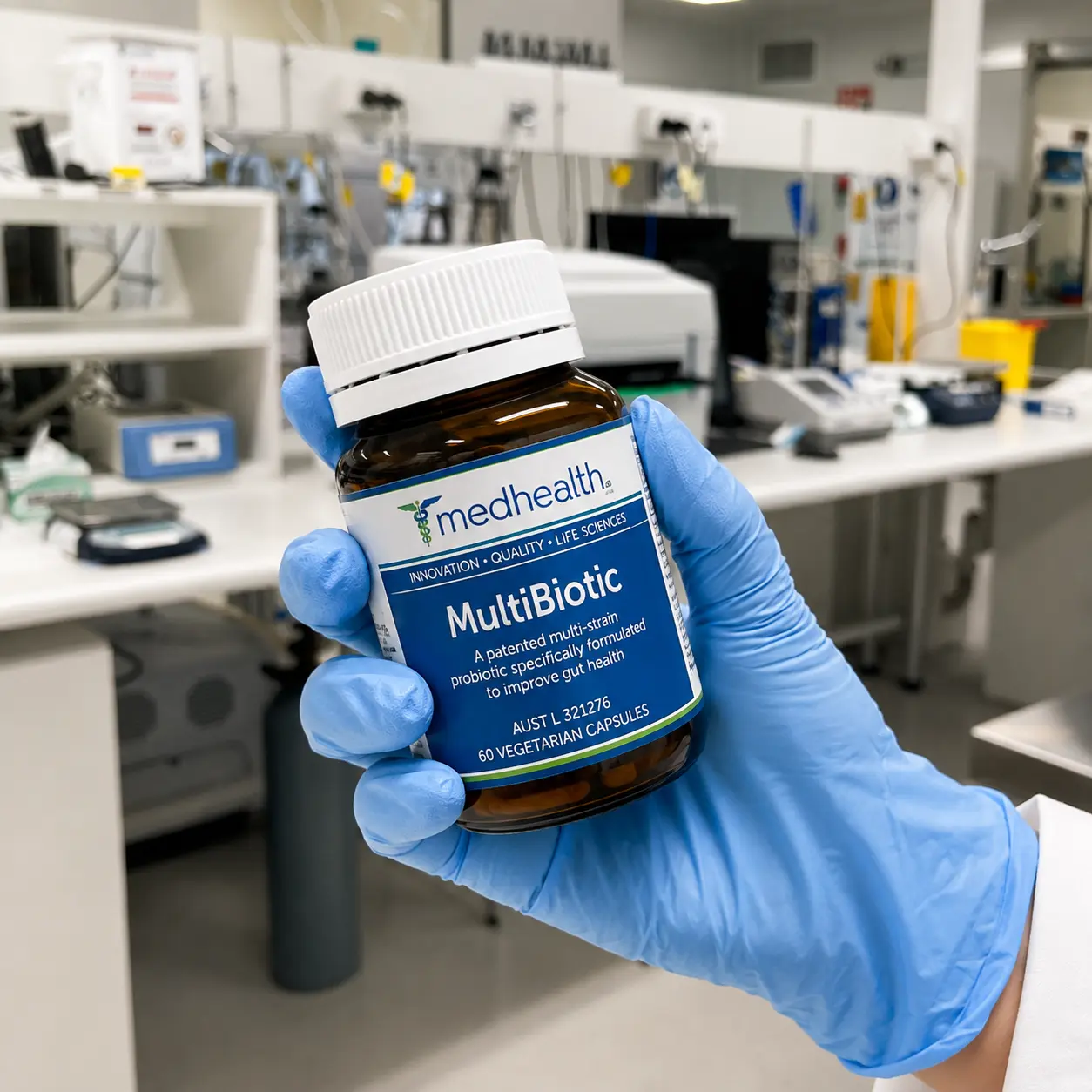 A gloved hand holding a formulation product bottle in a laboratory