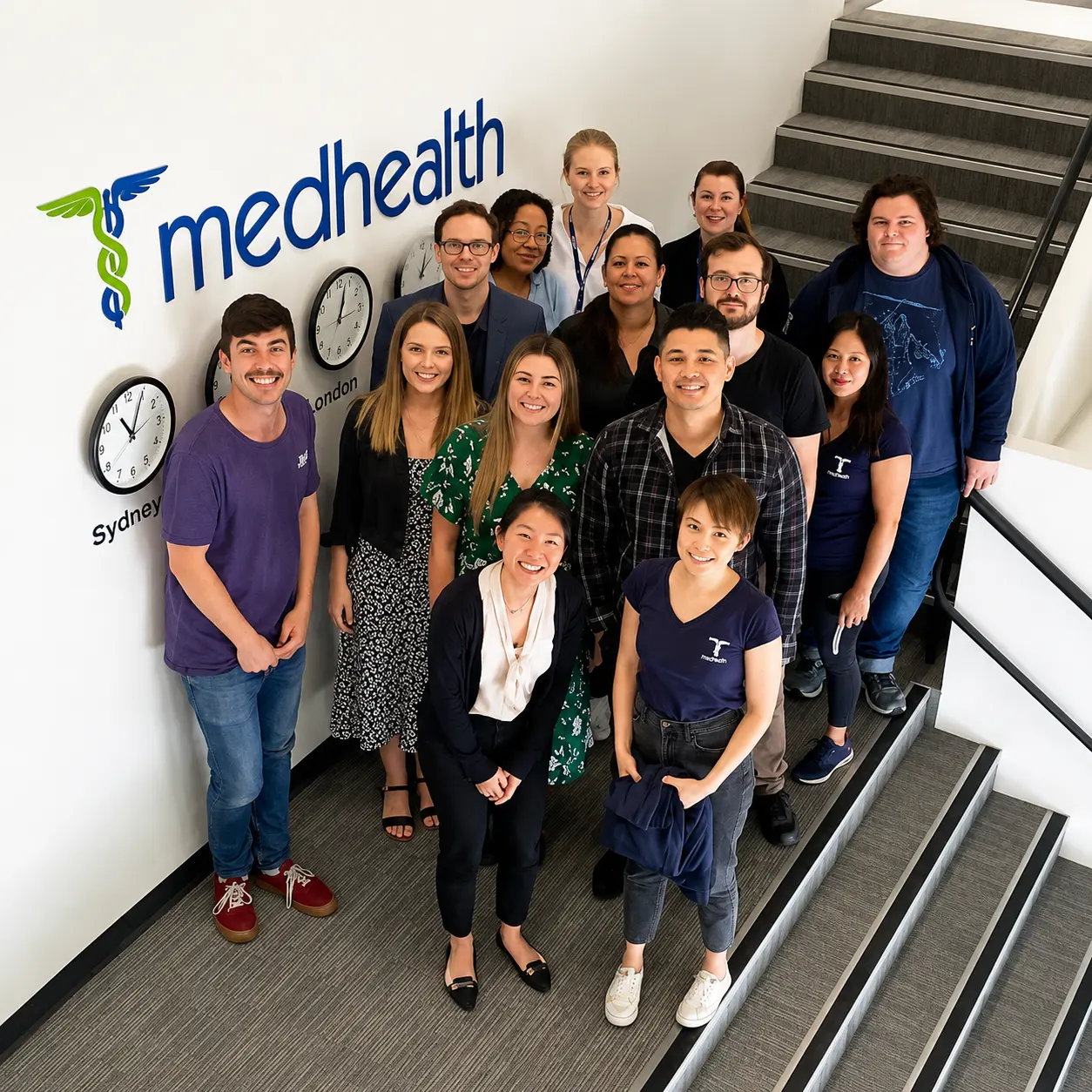 Medhealth team gathered in an office stairwell
