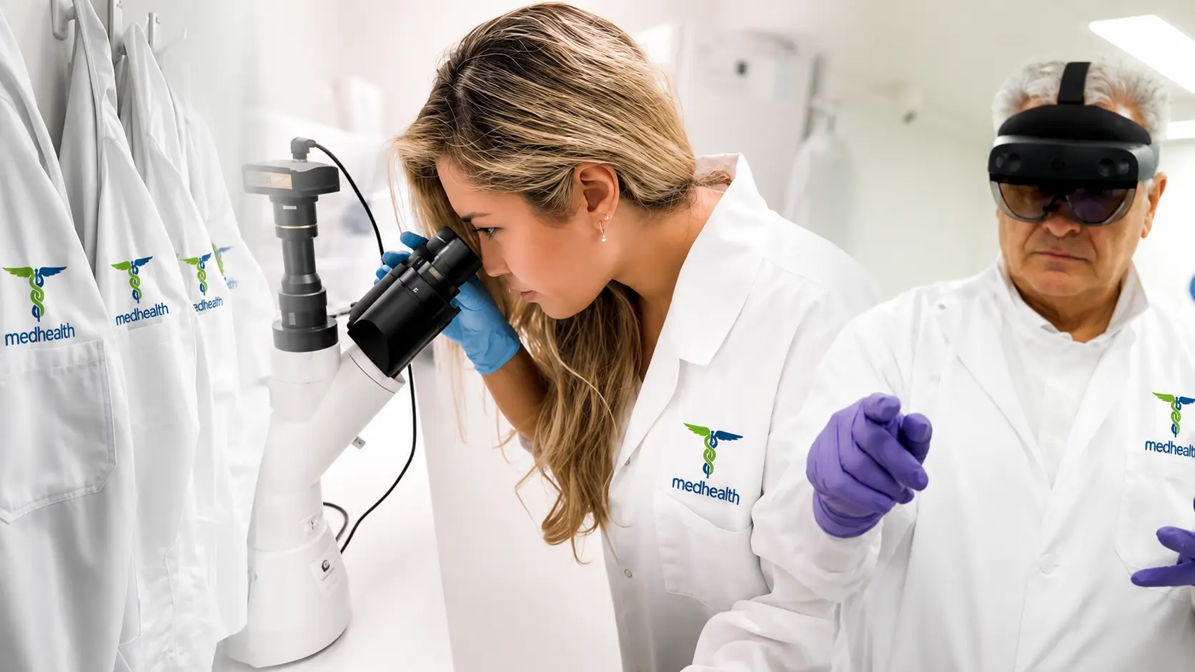 A researcher using a microscope while a colleague works with laboratory equipment