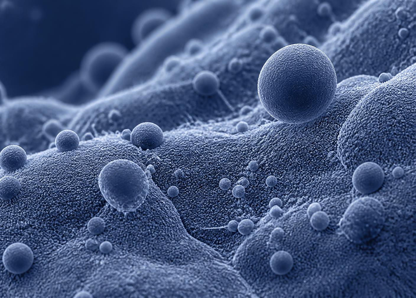 Microscopic view of sub-micron droplets across a cellular membrane surface