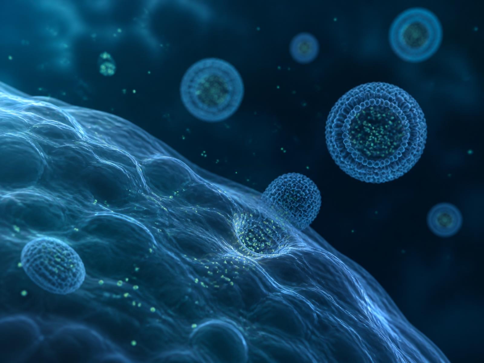 Abstract visualisation of sub-micron particles dispersing across a cellular membrane