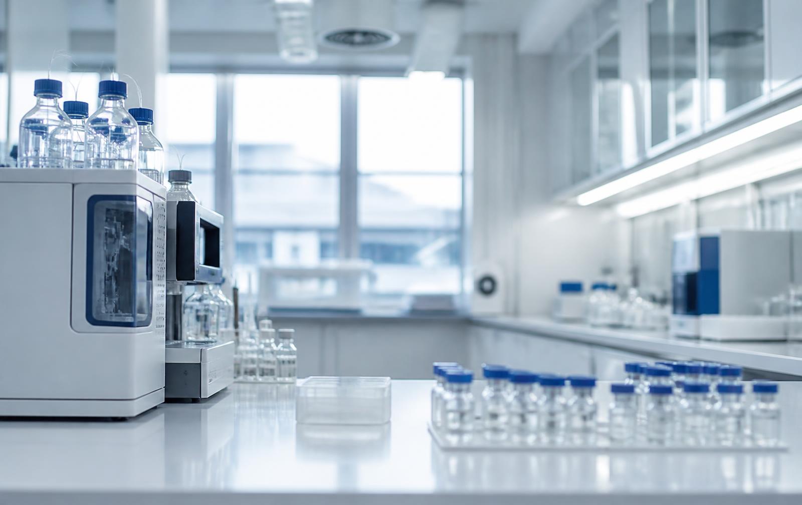 Pharmaceutical research laboratory with analytical instrumentation and sample vials